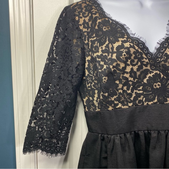 Eliza J Dress Black 8 Cocktail Lace Faille Fit & Flare V-Neck Missy Knee Length - Picture 9 of 12